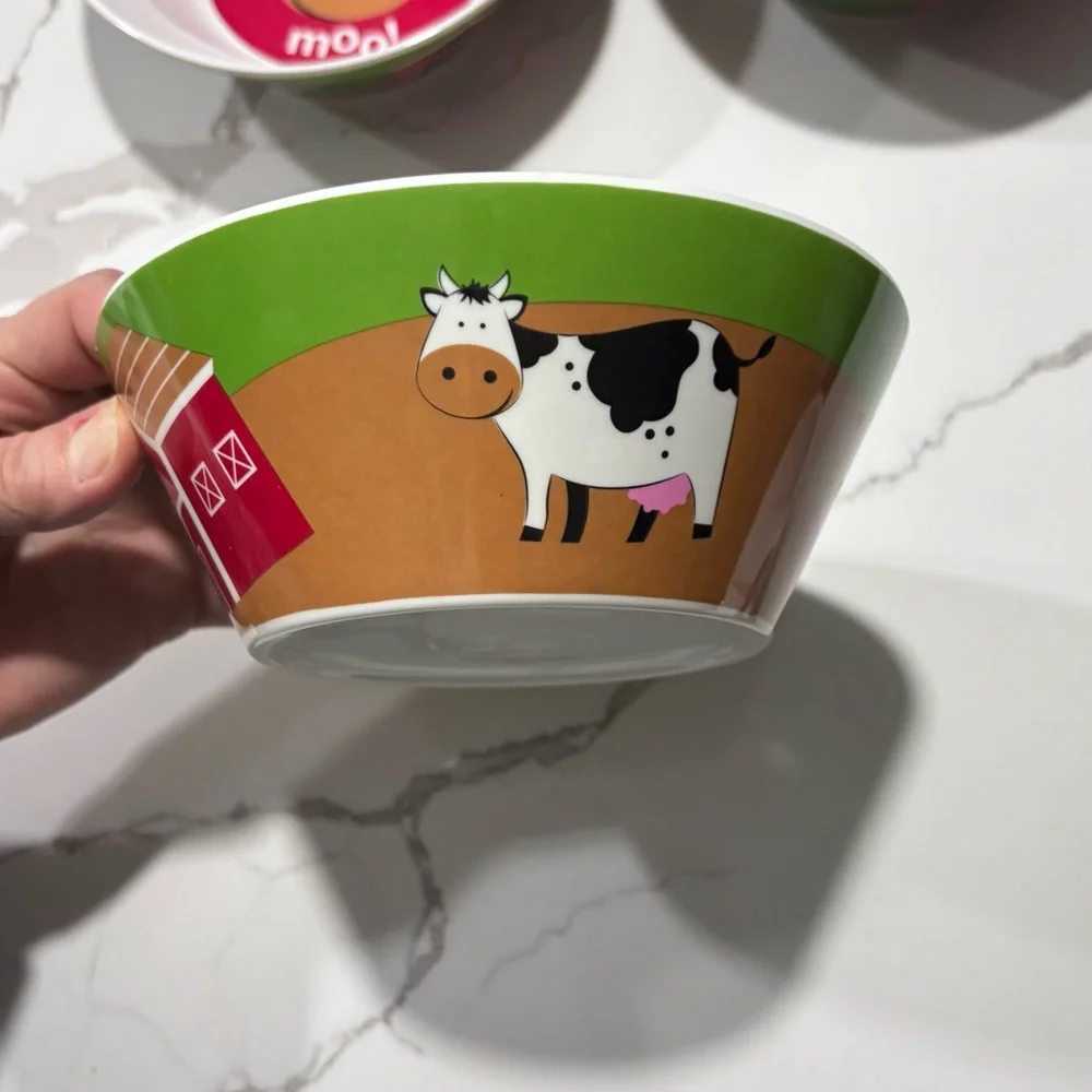Plastic Green White Red Farm Themed Bowls Set Of 4 Dessert Cups Cow Horse Barn